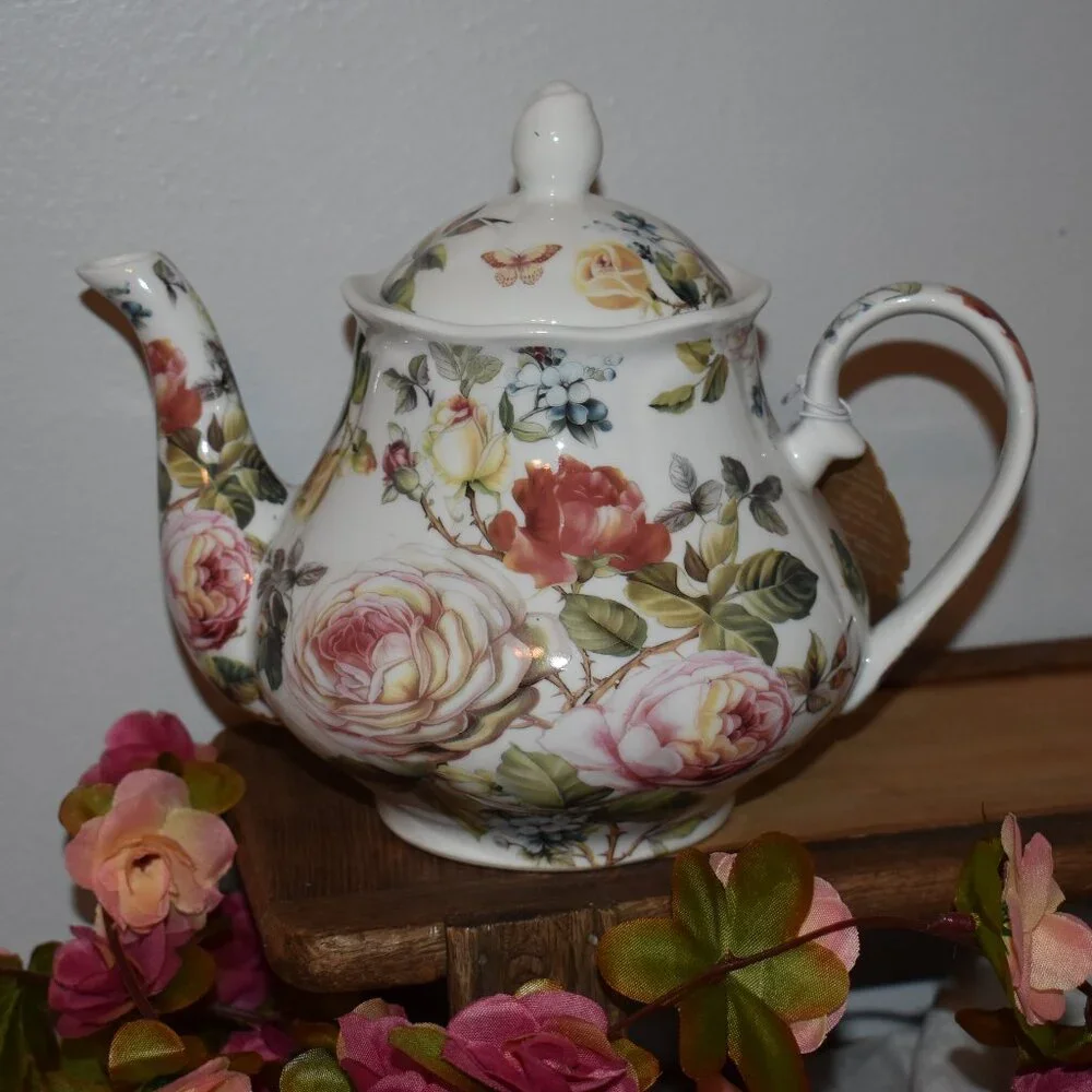 Kent Pottery Floral Rose Flower Garden Porcelain Country Cottagecore Teapot